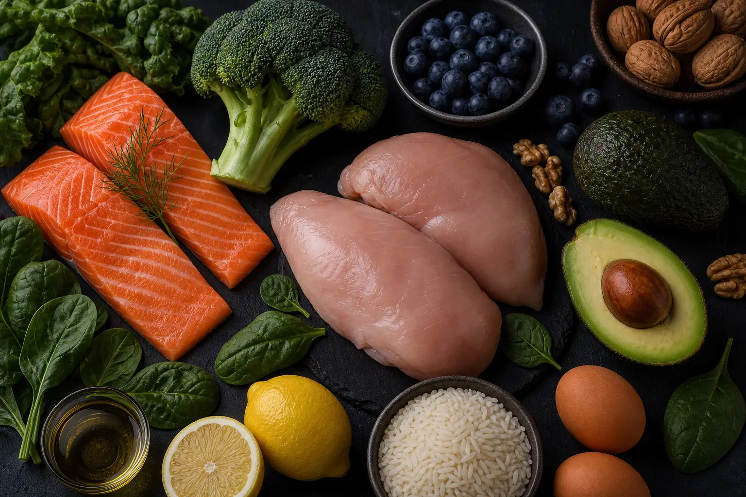 Overhead spread of salmon, chicken, eggs, greens, and fruit on dark slate